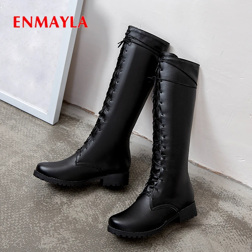 ENMAYLA/мотоботы на квадратном каблуке со шнуровкой женские сапоги до колена из PU