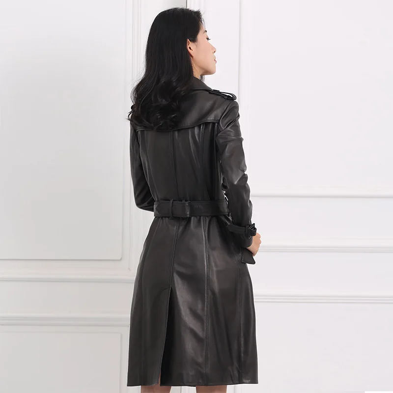 

Chic Women winter Genuine Leather Doubl-breasted Trench coat High quality Sheepskin leather overcoat C400
