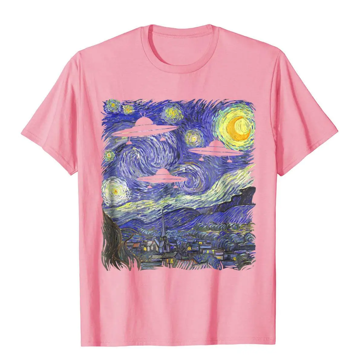 

UFO Alien Abduction Starry Night Van Gogh Painting Tee Shirt Cotton Customized T Shirt New Arrival Men T Shirt Geek