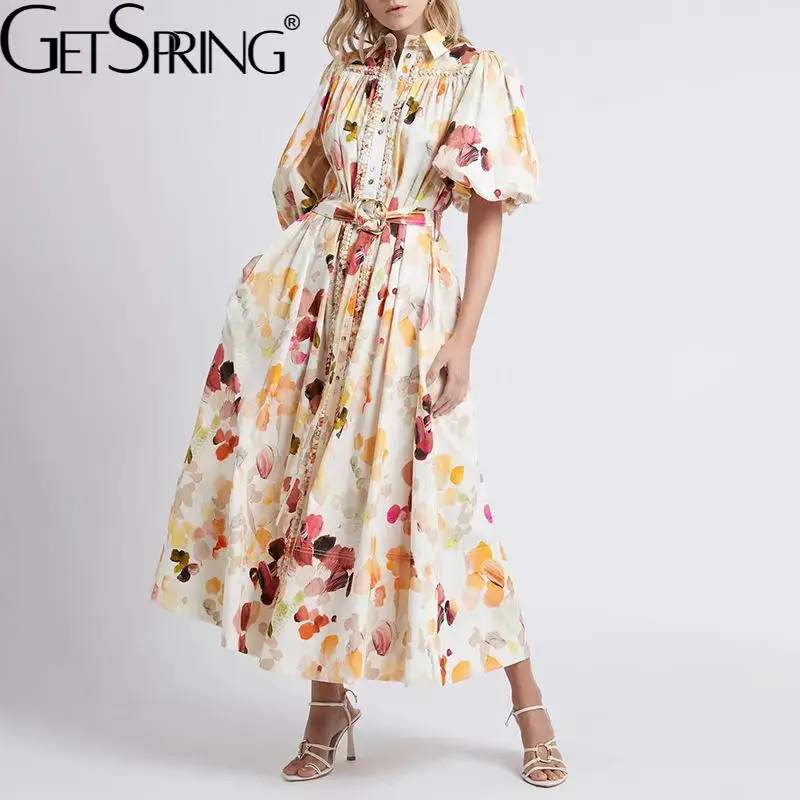 

GetSpring женское платье, винтажные платья, вечерние платья с принтом и пышными рукавами, модное однобортное длинное платье с широким подолом