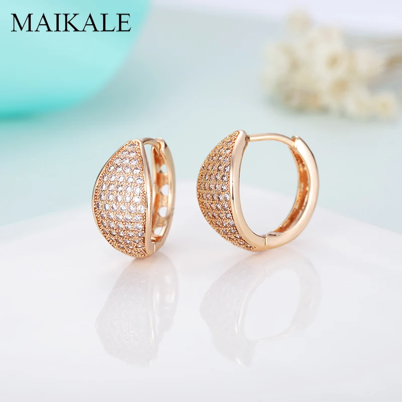 

MAIKALE Luxury Round Stud Earrings Paved AAA Cubic Zirconia Leaf Surface Gold Silver Color Charm Earrings for Women Jewelry Gift