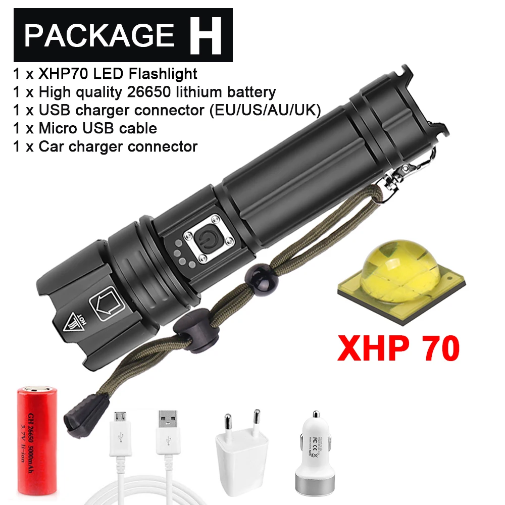 Портативный Ультра высокая яркость XHP70 светодиодный светильник 18650 XHP50 флэш-светильник USB Перезаряжаемый Тактический светильник 26650 фонарь с зумом - Испускаемый цвет: Package H- XHP70