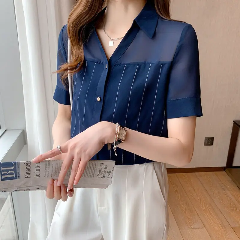 

2021 New Summer Women Blouses Casual Slim Short Sleeve V-Neck Patchwork Chiffon Shirts Fashion Elegant Office Lady Tops Clothing