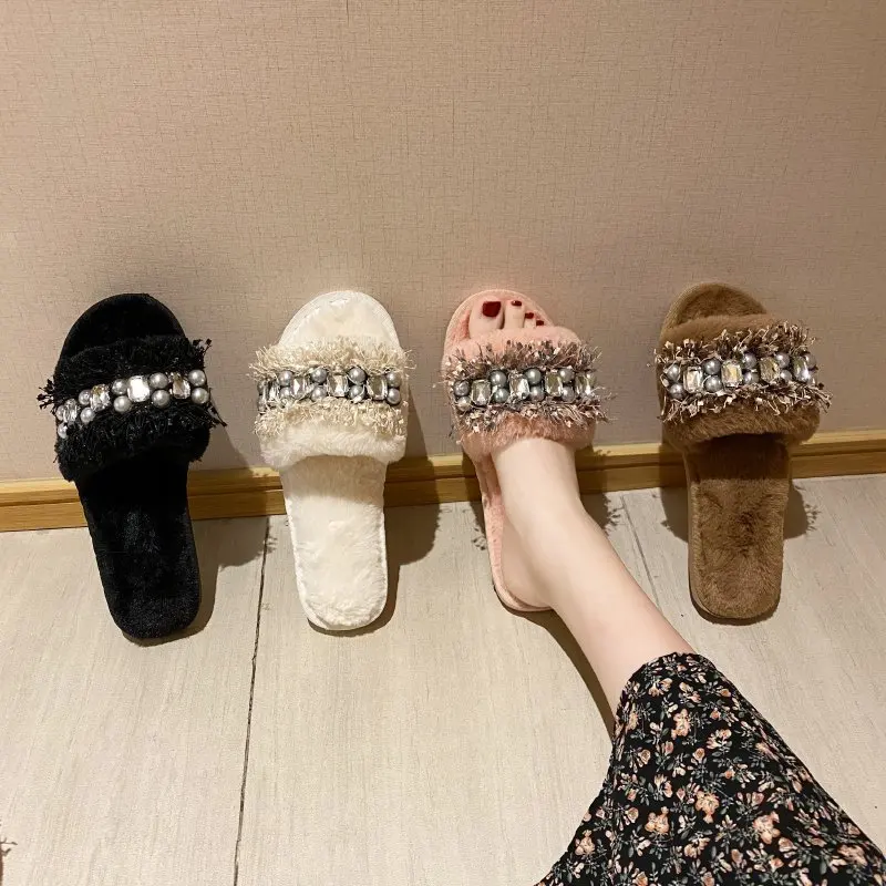 Solid Fur Slides New Winter Warm Slippers Women Shoes Woman Flat Sole Furry for Plus Size Zapatos De Mujer | Обувь