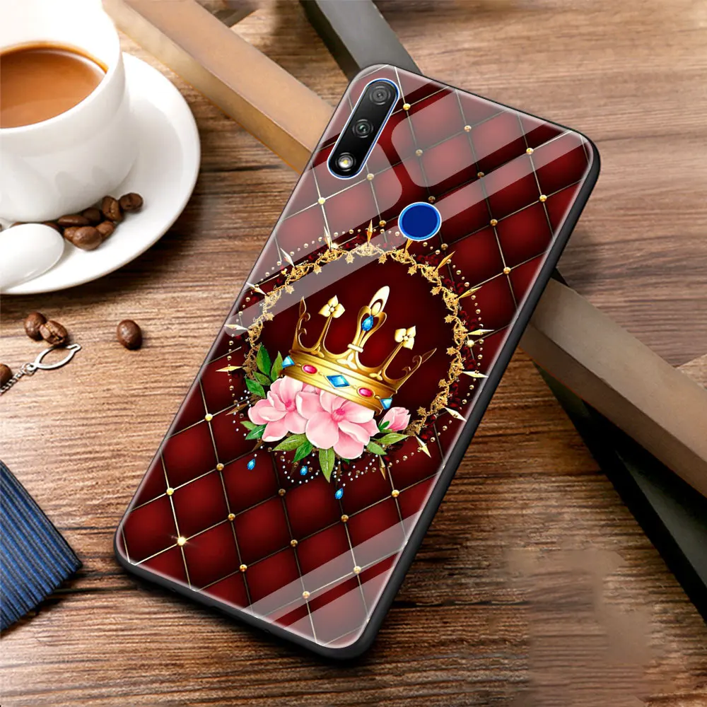 

Diamond Crown Phone Case Cover for Honor 8X 9X Pro 10 20 30 Lite Plus Luxury Tempered Glass Soft Edge Shell Funda Coque