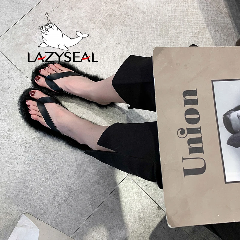 LazySeal обувь с разноцветным мехом; женские Вьетнамки; Новинка; Модные женские домашние тапочки на Плоском Каблуке; сезон осень-зима; женские шлепанцы без задника