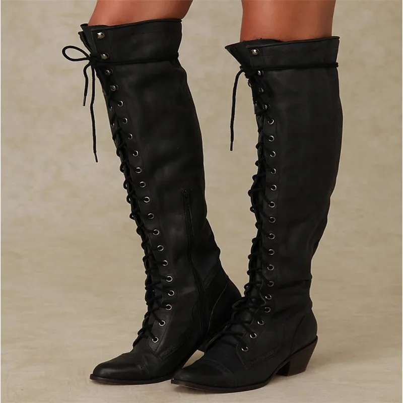 Женские сапоги на высоком квадратном каблуке шнуровке|Сапоги до колена| |