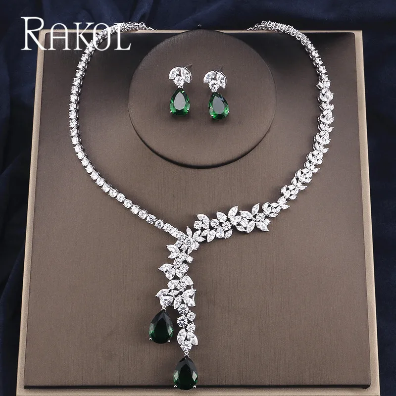 RAKOL Роскошные Искрящийся Блестящий кубический циркон серьги ожерелье тяжелый
