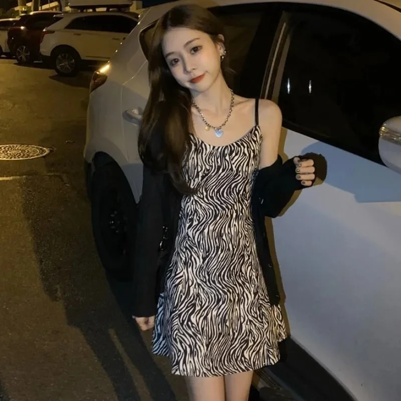 

French Zebra Print Strap Dress Women's Mid-Length