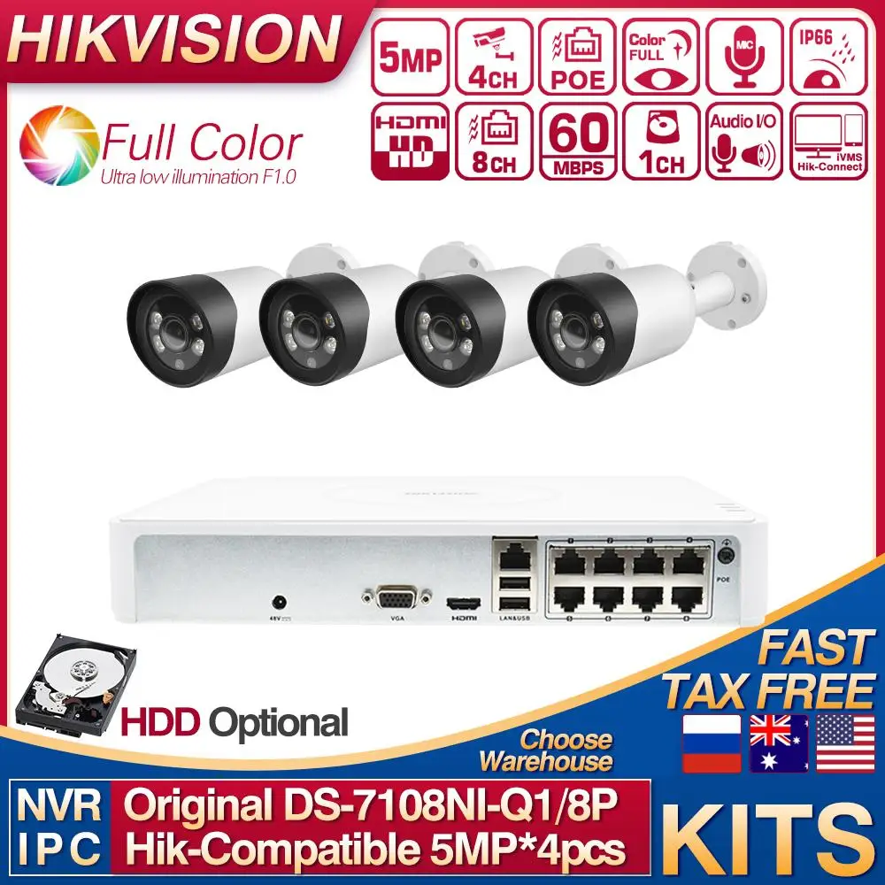 

Совместимые с Hikvision комплекты DS-7108NI-Q1/8P 8POE NVR 5 Мп полноцветная IP-камера Bullet POE Встроенный микрофон 4 шт. подключение к системе видеонаблюдения
