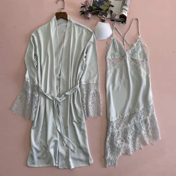 

Casual Nightgown&Bathrobe Gown Suit Twinset Robe Set Lace Trim Bridal Wedding SEXY Women Satin Sleepwear Loose Intimate Lingerie