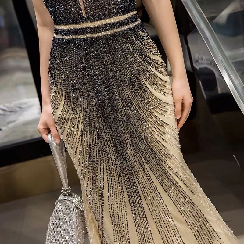 Sexy V-Neck Full Beading Mermaid Prom Dresses Natural Slim Waistline Tulle Ladies Elegant Party Evening Gowns Vestidos De Soiree