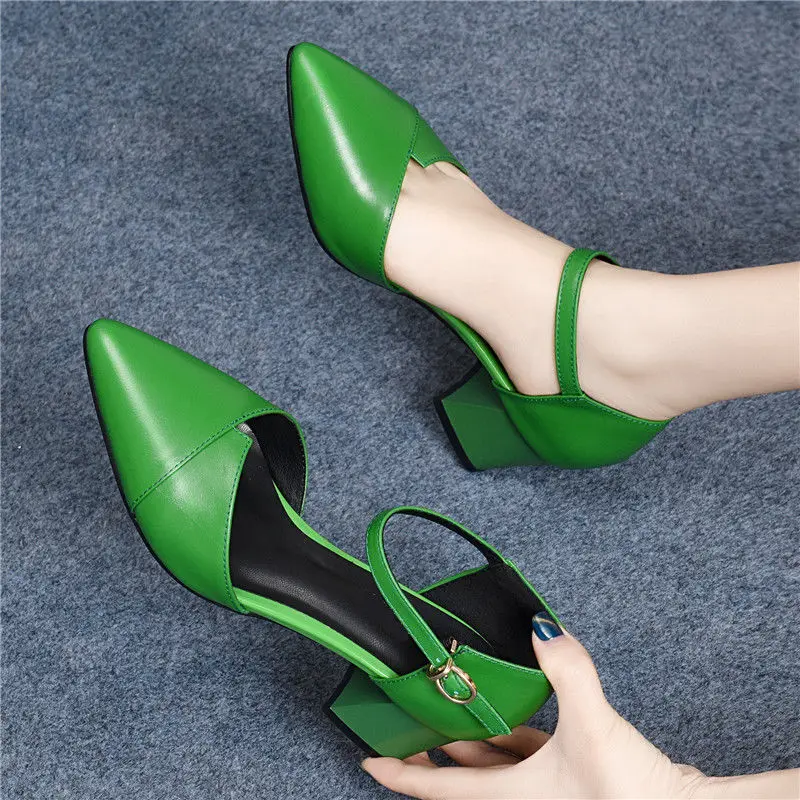 

Women Fashion Green Pu Leather High Heel Shoes Ladies Casual Sweet Buckle Strap Office Heels A5983