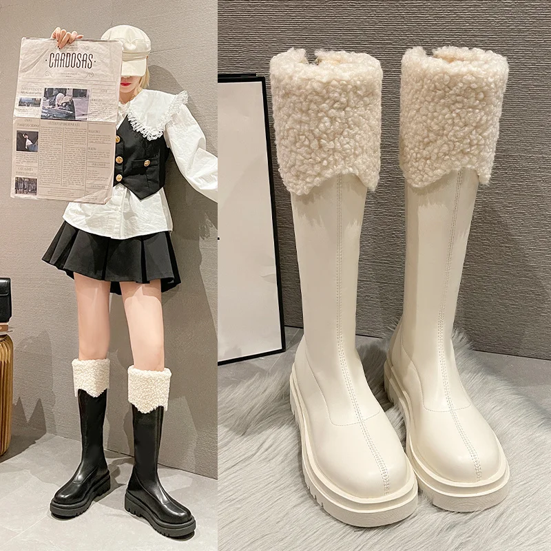 

Женские зимние сапоги В рыцарском стиле, новинка 2021, сапоги до колена из овечьей шерсти с бархатной подкладкой, женские универсальные сапог...