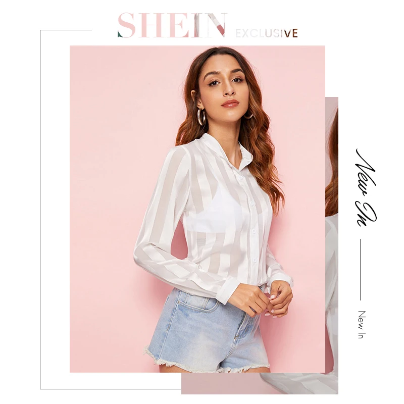 SHEIN белая пуговица спереди полосатая сплошная рубашка блузка женская весна осень длинный рукав отложной воротник повседневные топы и блузки