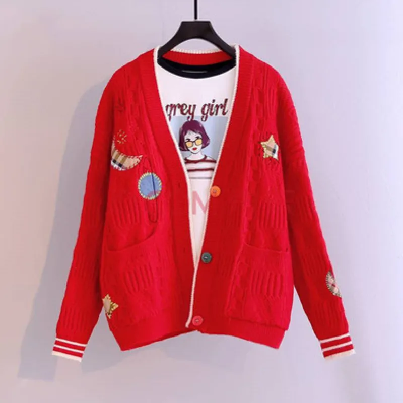 

Ropa Mujer Cardigan Thickened Sweater 2021 Women's Autumn Winter Loose Outerwear Chick Embroidery Planet Temperament Fashion