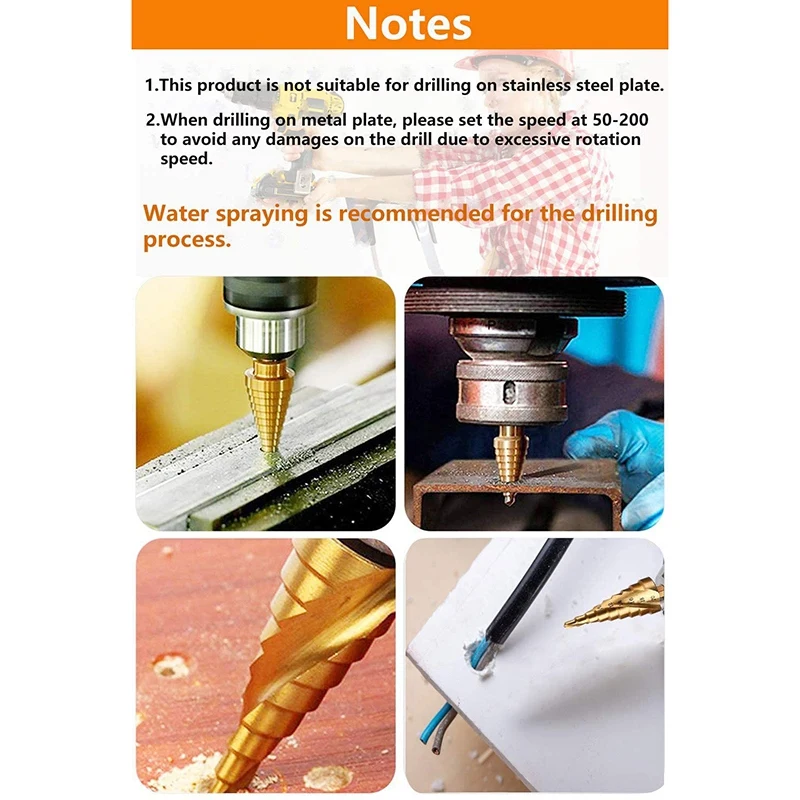

7Pcs Step Drill Bit Set, Multiple Hole High Speed Steel Stepped Up Bits with Automatic Center Punch