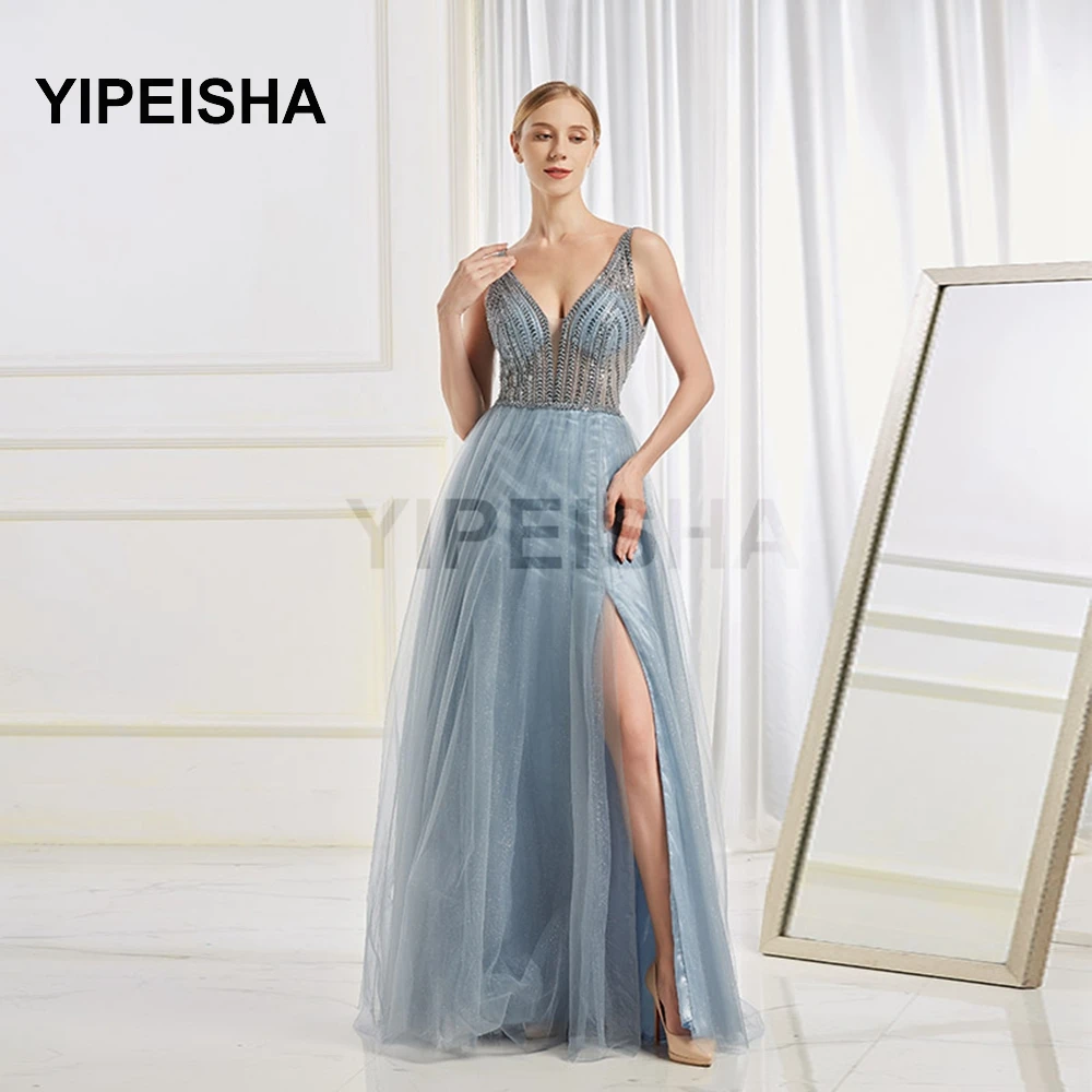 

Sexy Blue Long Beaded Evening Dresses V Neck Tulle Sequined Slit Backless Prom Party Gowns robe de soirée de mariage