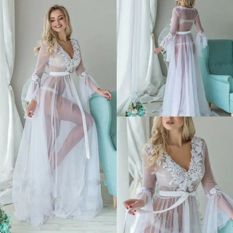 

Sexy Lace Women Robe Perspective Kimono Dressing Gown Night Dress See Through Bathrobe Cover Up Long Maxi Dress Nightdress