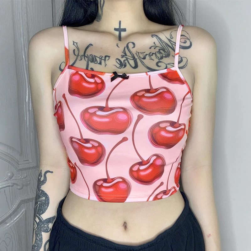Майка с принтом вишни Модный укороченный топ без рукавов летний майка 2020 новый