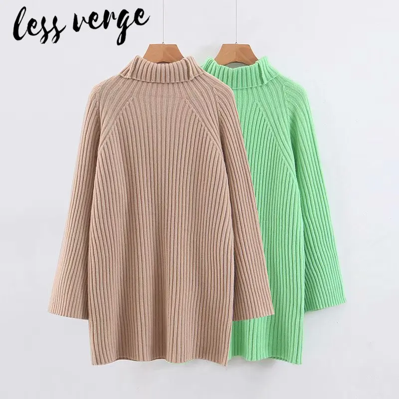 lessverge Khaki knitted christmas sweater women Long sleeve turtleneck korean winter Loose warm long pullover jumper | Женская одежда