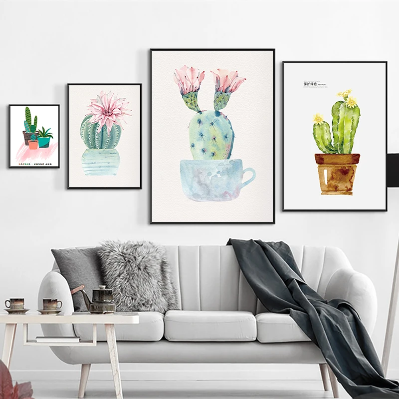 

Lovely Plants Posters Wall Art Home Decoration Paintings Simple Childlike Cactus Pattern Living Room Decors Canvas With Frame