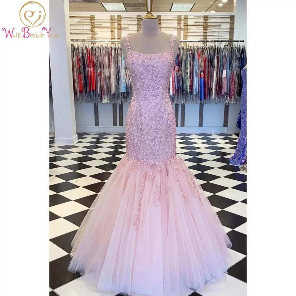 

Walk Beside You Mermaid Prom Dress Lace Applique Long 2020 Pink Sleeveless Spaghetti Strap Sleeveless Evening Formal Party Gowns