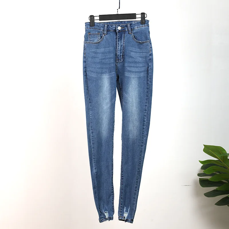 

Denimcolab 2021 High Waist Blue Elastic Jeans Pants Women Casual Ripped Foot Stretch Pencil Pants Ladies Skinny Fashion Jeans