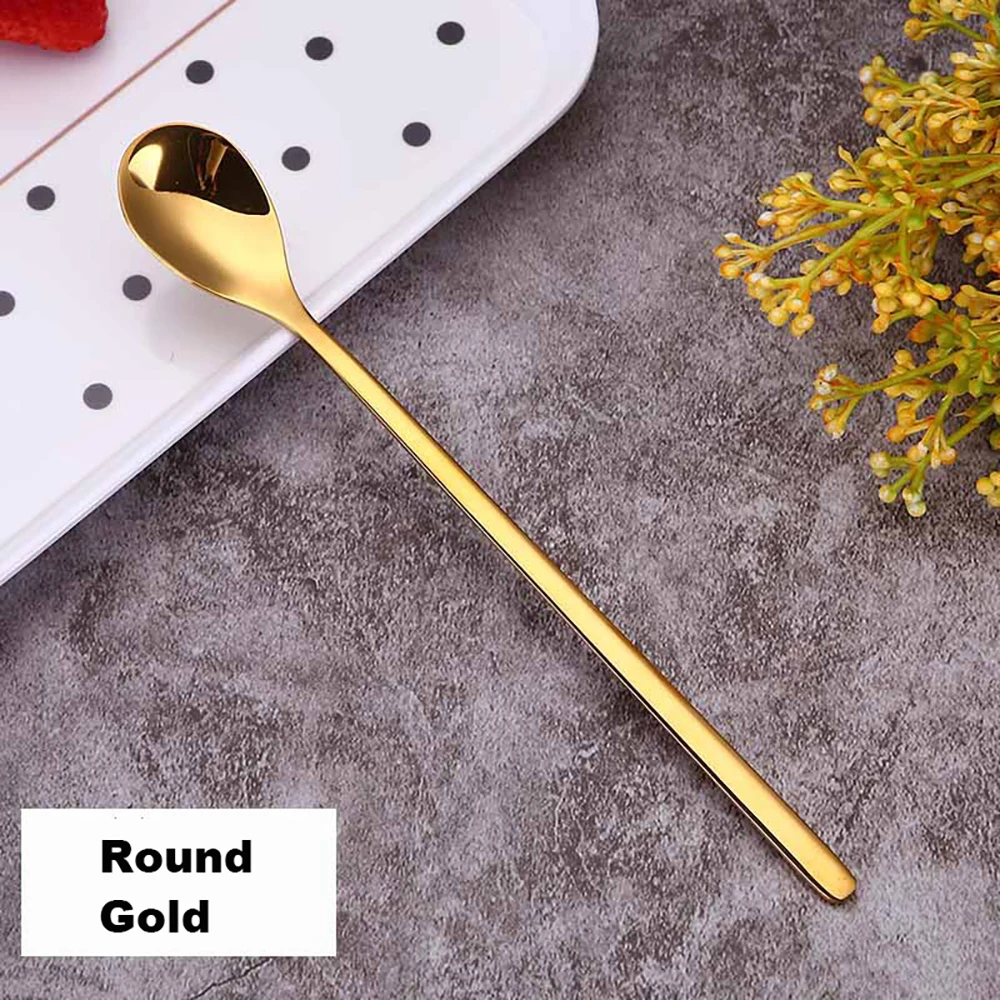 Round Gold 304 Нержавеющая сталь Кофе ложка творческий покрытие льда ложка c длинной ручкой Чай ложки Кухня инструменты горячего питья столовые красочные - Цвет: Round Gold