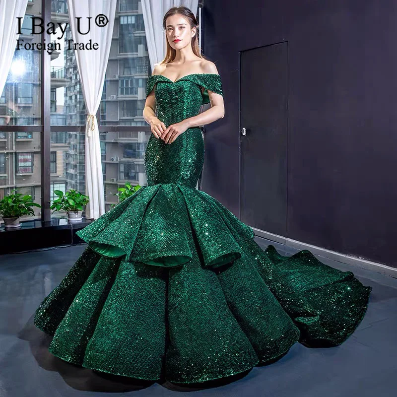 Muslim Green Sequins Mermaid Wedding Dresses Turkish Arabic Aibye African Formal Bridal Dress Moroccan Kaftans Couture Gowns