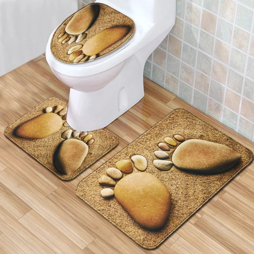 

Wood grain Toilet seat Cover 3pcs Set Bathroom Mat Home Absorbent Door mats washroom Decorations Carpet Printing Flannel Rugs