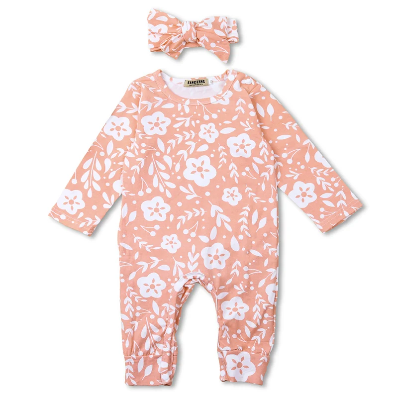 

Baby Infant Cotton Bodysuits Headband 2pcs Autumn Full Sleeve Floral Clothes Set Kids Todders Jumpsuits 12m Girls Baby Outfits