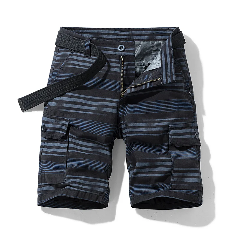 Pure Cotton Summer Mens Cargo Shorts Boys Casual Pocket Streetwear Plus Size Stripe Male Long Bermuda Z142