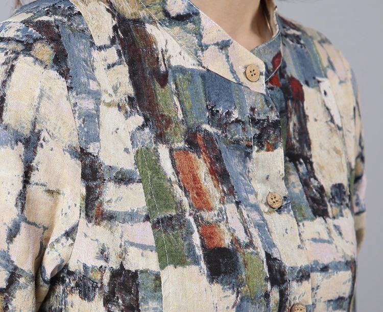 3026 Новинка с принтом Tie Dye хлопковая льняная длинная рубашка для женщин Элегантная винтажная блузка размера плюс Ретро рубашка женская с длинным рукавом