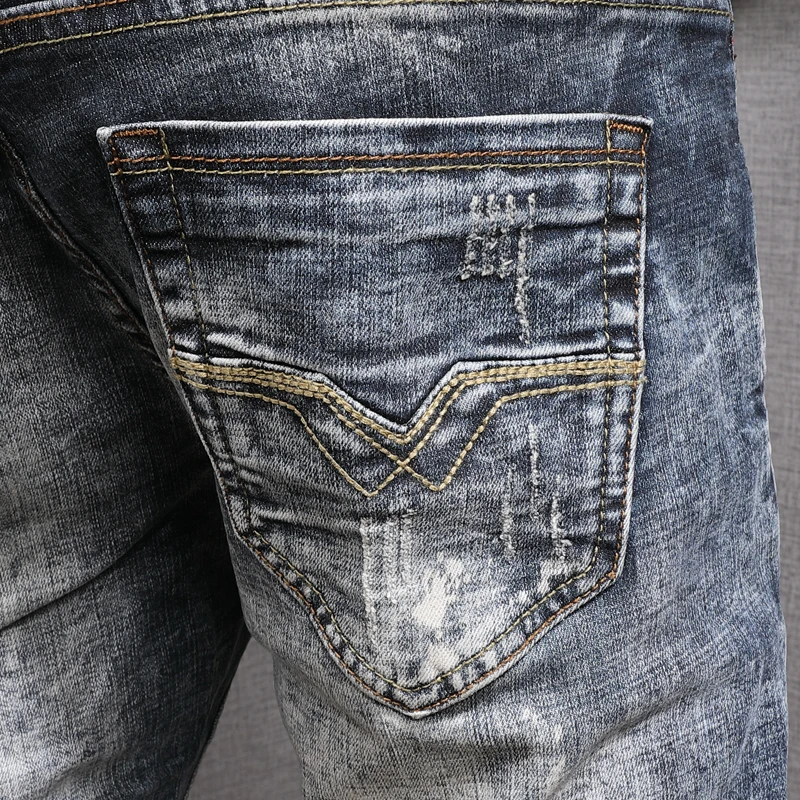 European American Vintage Fashion Men Jeans Retro Wash Slim Ripped Jeans Men Distressed Painted Designer Patchwork Denim Pants