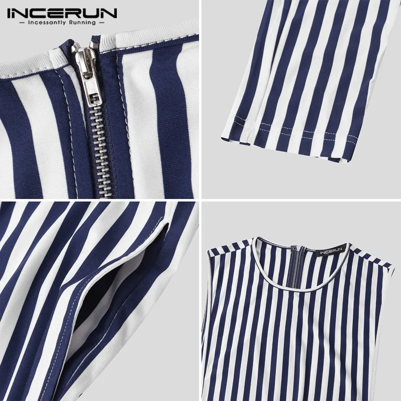 

INCERUN Men Striped Jumpsuit Streetwear O Neck Fitness Sleeveless Rompers Zipper Fashion Casual Pants Chic Men Overalls S-5XL 7