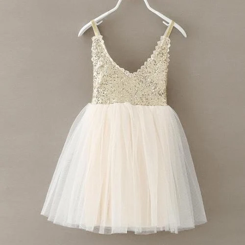 Cute Girls Silver Sequin Tutu Dress Kids V-neck Beige Glitter Bling Straps Chiffon Children Wedding Party Dresses 1-7Y | Детская одежда