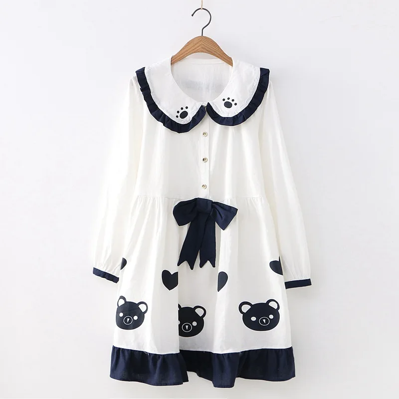 Японский Мори девушка медведь печати Свободные трапециевидные платья Питер Пэн