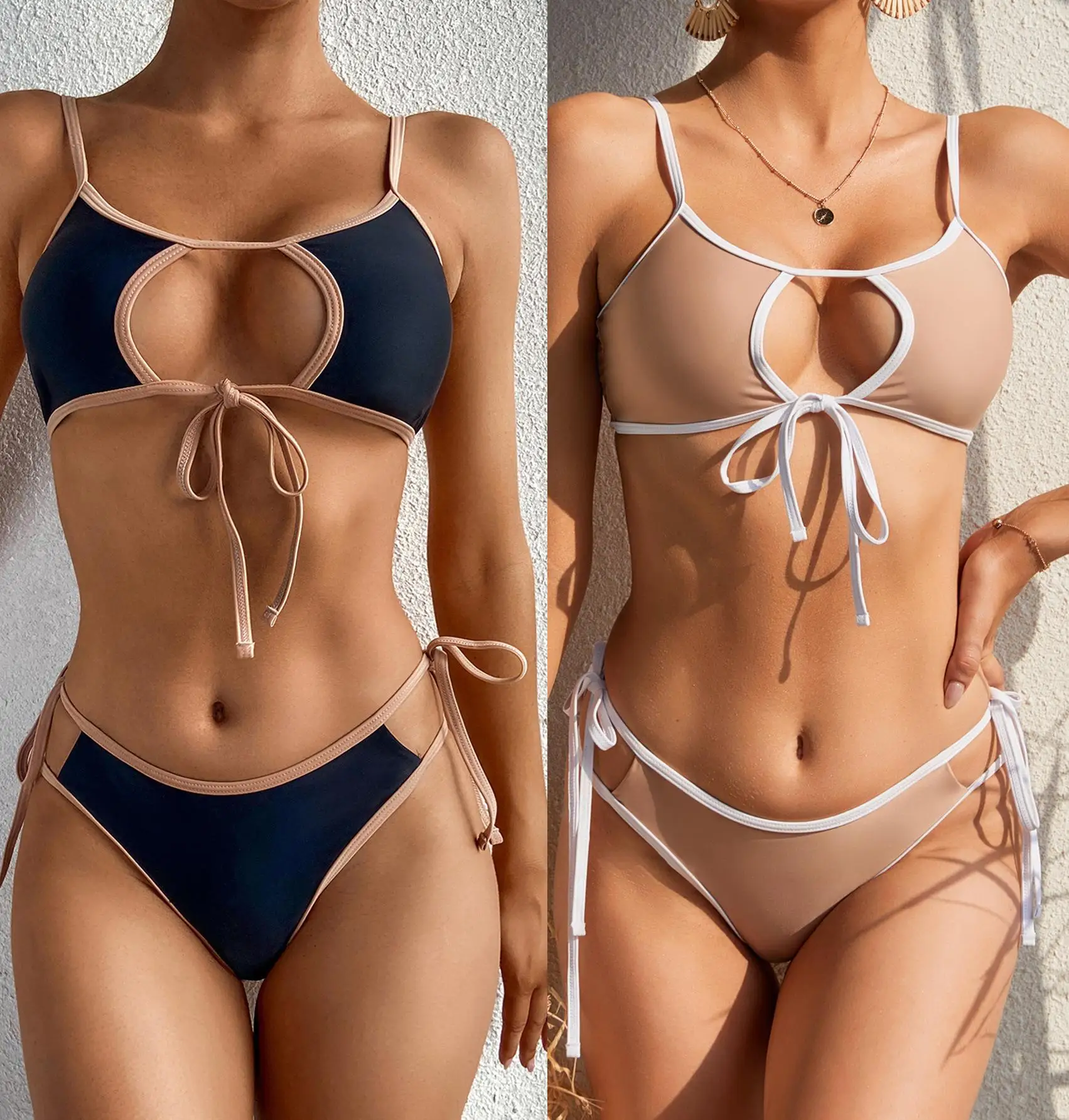 

Women Patchwork 2 Pieces Set Bikini Bandage Lace up Hollow out Sweet swiming suit women Bow swimsuit Yong Style Biquini