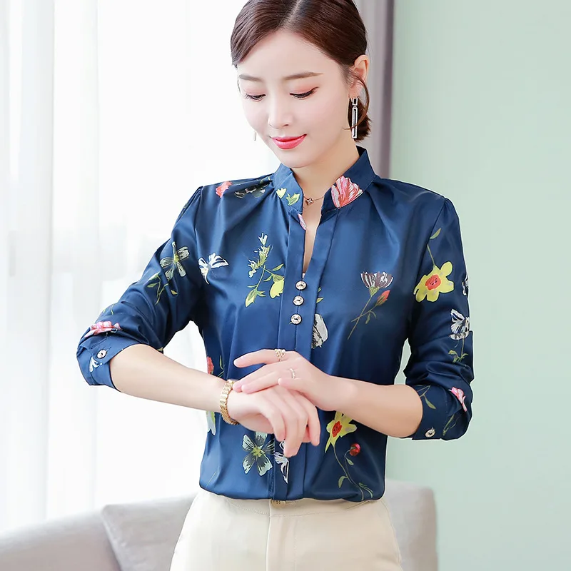 

2020 autumn Floral printed Turn-down Collar long sleeve slim shirt Elegant fashion Office Lady temperament en*