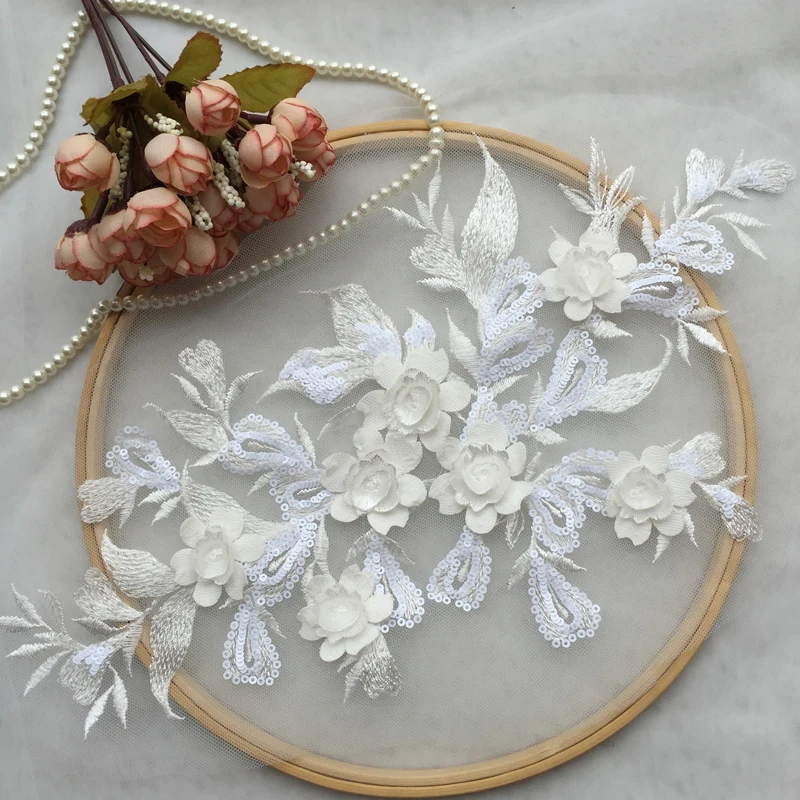 Белые кружевные 3D Аппликации изысканная вышитая Цветочная аппликация от кутюр