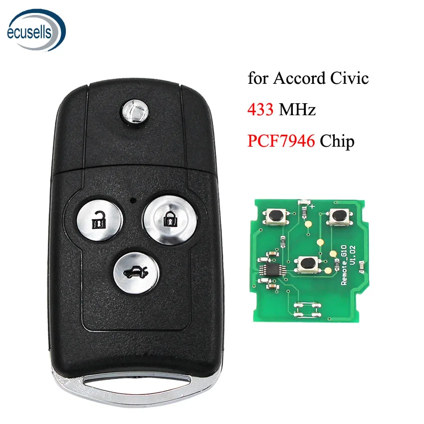 2/3 Button Smart Remote Key Fob 433MHZ With ID46 Chip PCF7946 For Honda Accord 2008-2012 Old Civic HON66 Uncut Blade | Автомобили и