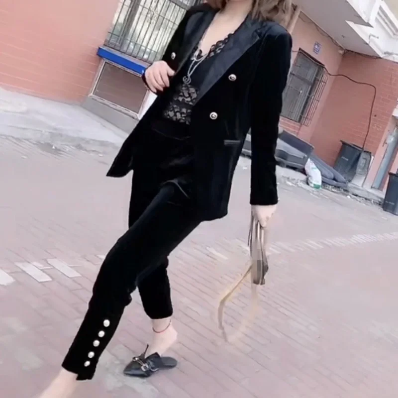 Женский элегантный двубортный кожаный блейзер и брюки комплект из 2 предметов