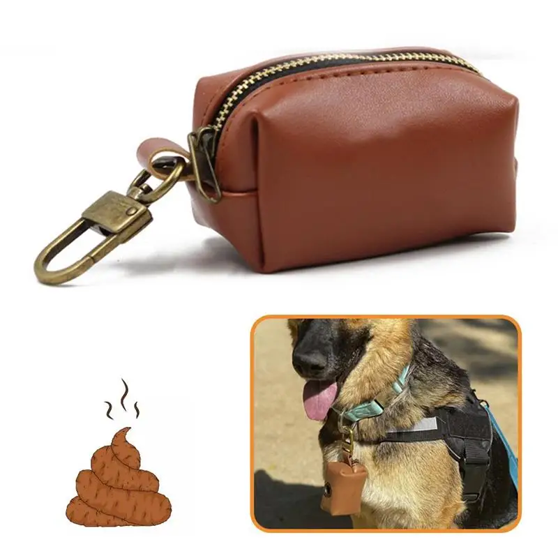 

Portable Dog Poop Bag Dispenser with Keychain PU Leather Cat Pick Up Bag Large-capacity Dog Outdoor Waste Bag Container