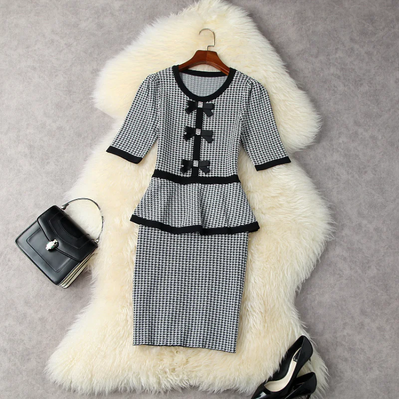 

Dress for Women Women's Autumn 2021 New Short Sleeve Bow Checked Print Fashion Knitted Dress European and American