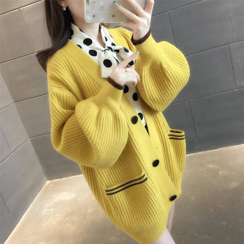 

Junwu Autumn Women's Four-Color v-Neck Single-Breasted Long Lantern Sleeve Pocket Loose Sweater Cardigan Jacket Casual Style