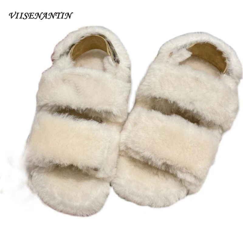 

High Quality Trend Casual Roman Furry Sandals Spring Autumn New Style Wool Thick-soled Causal Sweet Sandals Plush Muller Shoes