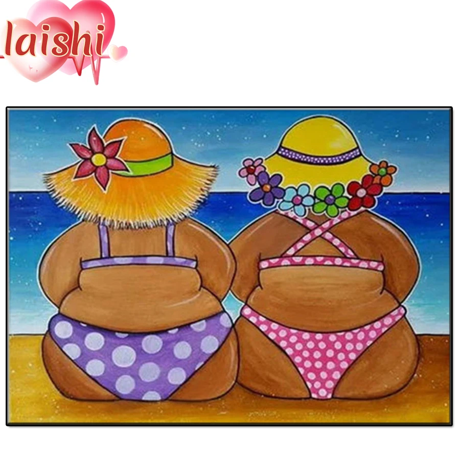 

5D DIY Fat girl, beach vacation Round Drill Diamond Painting Cross Stitch 3D Diamond Art Embroidery Diamond Mosaic Decor Gift