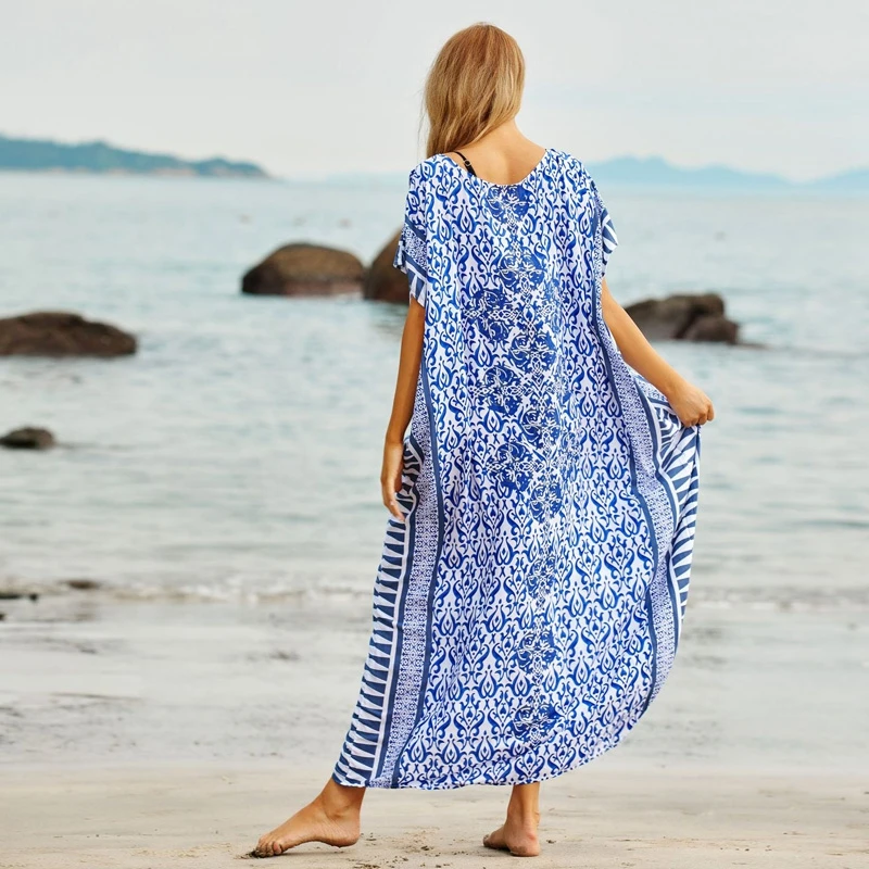 Платье-Кафтан длиной до пола цвета индиго этническое платье макси Пляжная