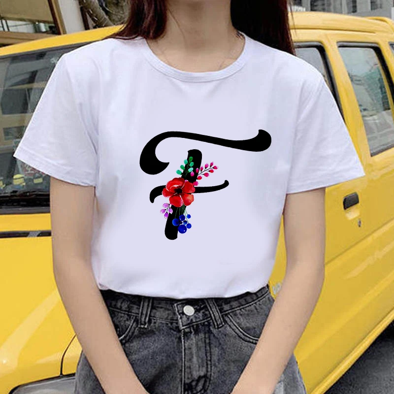 

2021 Men And Women T Shirt 26 Alphabet Letter Print A to Z Alphabet Combination Summer Short Sleeve Casual Korean White Tshirt